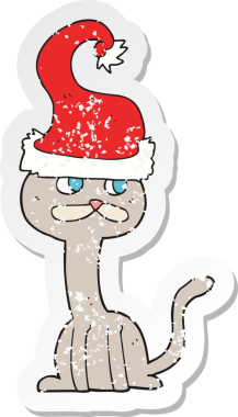 Bir insan tarafından çizilmiş noel şapkası giyen bir çizgi film kedisinin gerilimli çıkartması.