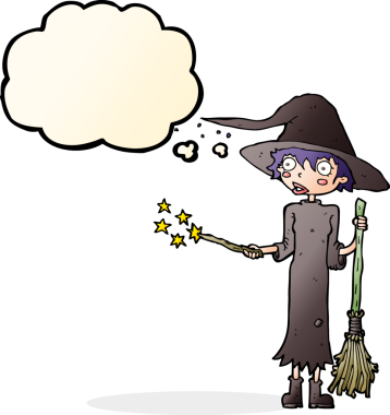 Bir insan tarafından çizilmiş düşünce baloncuğu ile çizgi film cadısı büyüsü