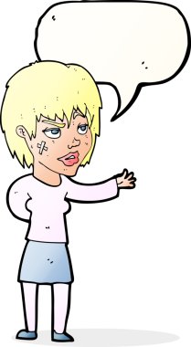 Bir insan tarafından çizilmiş konuşma baloncuğuyla yüzüne alçı yapıştıran karikatür kadın.