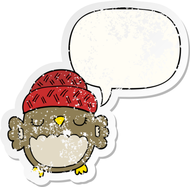 Konuşma baloncuğu olan şapkalı sevimli bir baykuş. Bir insan tarafından çizilmiş sıkıntılı eski bir çıkartma.