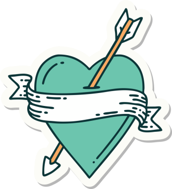 Bir insan tarafından çizilmiş ok kalp ve pankartın geleneksel stiliyle dövme çıkartması.