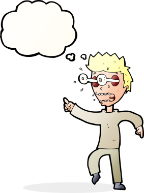 Bir insan tarafından çizilmiş düşünce baloncuğuyla gözleri fırlayan çizgi film adamı.