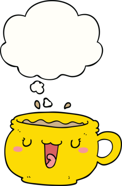 Bir insan tarafından çizilmiş düşünce baloncuklu şirin çizgi film kahve fincanı.