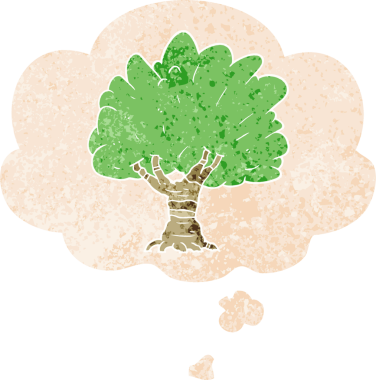 Düşünce baloncuğu ve grunge desenli karikatür ağacı bir insan tarafından çizilmiş.