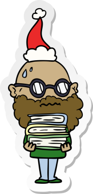 Sakallı ve Noel Baba şapkası takan endişeli bir adamın el yazısı karikatürü.