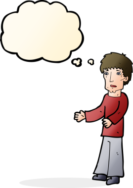 Bir insan tarafından çizilen düşünce baloncuğuyla açıklama yapan çizgi film adamı.
