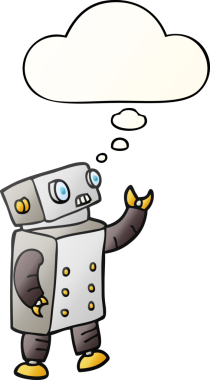 Bir insan tarafından çizilmiş, düşünce baloncuklu çizgi film robotu.