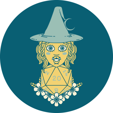 Retro Dövme Biçimi Yarı Ork Cadı Bir insan tarafından çizilmiş 20 zar ile