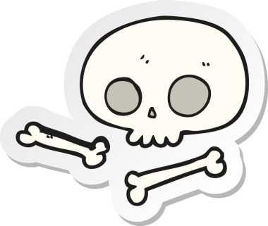 Bir insan tarafından çizilmiş karikatür kafatası ve kemik etiketi.