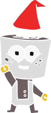 Bir insan tarafından çizilmiş Noel Baba şapkasıyla selamlaşan bir robotun düz renk çizimi.