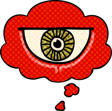 Çizgi roman tarzında bir insan tarafından çizilmiş düşünce baloncuğu olan çizgi film göz sembolü