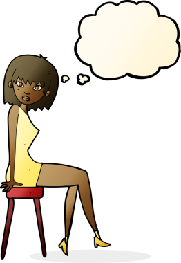 Bir insan tarafından çizilmiş düşünce baloncuğuyla taburede oturan karikatür kadın.