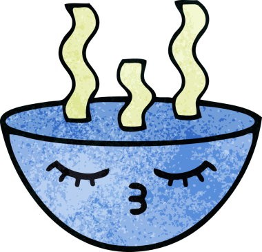 Bir insan tarafından çizilmiş sıcak çorba kasesinin retro grunge desenli karikatürü.