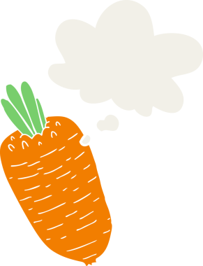 Düşünce baloncuğu olan sebze çizgi filmi bir insan tarafından çizilmiş.