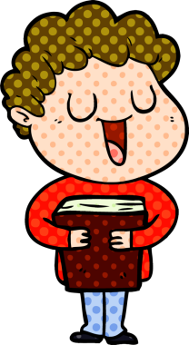 Bir insan tarafından çizilmiş kitabı olan gülen bir karikatür adamı.