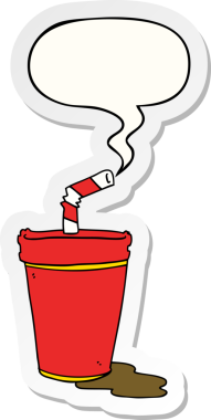 Bir insan tarafından çizilmiş konuşma balonu çıkartmalı karikatür soda bardağı.