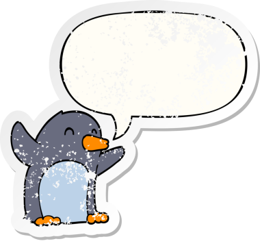 Çizgi film, konuşma baloncuğu ile heyecanlanan penguen bir insan tarafından çizilmiş sıkıntılı eski bir çıkartma.