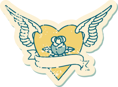 İkonik ıstıraplı dövme stili kanatlı kalp resmi bir insan tarafından çizilmiş bir gül ve bayrak.