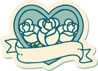 Geleneksel kalp stili dövme çıkartması ve bir insan tarafından çizilmiş çiçekli pankart.