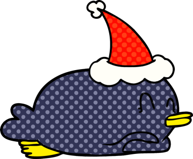 Penguen göbeğinde bir insan tarafından çizilmiş Noel Baba şapkası var.