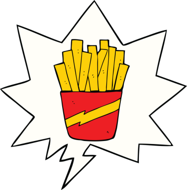 Bir insan tarafından çizilmiş konuşma balonlu patates kızartması kutusu.