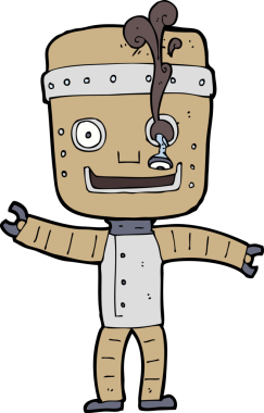 Bir insan tarafından çizilmiş komik yaşlı robot.