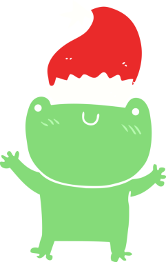 Sevimli düz renkli karikatür kurbağası Noel şapkası giyen bir insan tarafından çizilmiş.