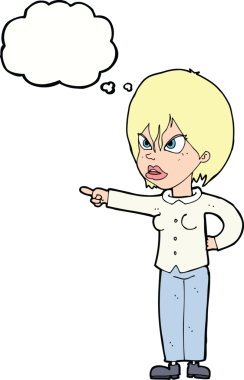 Bir insan tarafından çizilmiş düşünce baloncuğuyla suçlanan çizgi film kadını.