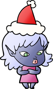 Bir insan tarafından çizilmiş Noel Baba şapkası giymiş güzel bir elf kızının gradyan çizimi.