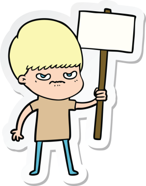 Bir insan tarafından çizilen kızgın çizgi film karakterinin çıkartması.