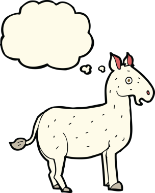 Bir insan tarafından çizilmiş düşünce kabarcığı olan çizgi film katırı.