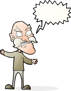 Bir insan tarafından çizilmiş konuşma balonlu kızgın yaşlı adam çizgi filmi.