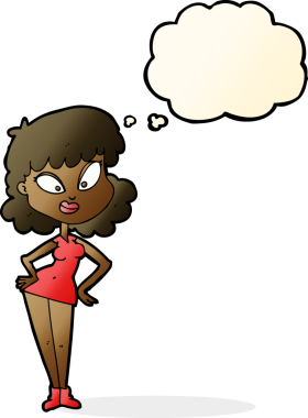 Bir insan tarafından çizilmiş düşünce baloncuğu olan elleri kalçasında çizgi film kadını.