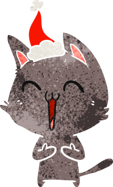 Mutlu el çizimi, Noel Baba şapkası takan bir kedinin insan tarafından çizilmiş retro karikatürü.