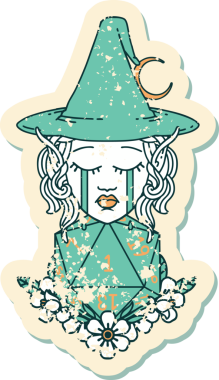 Retro Dövme Tarzı Ağlayan Elf Cadı Doğal bir D20 rulo ile Bir insan tarafından çizilmiş