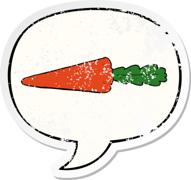 Konuşma baloncuklu çizgi film havucu bir insan tarafından çizilmiş sıkıntılı eski bir çıkartma