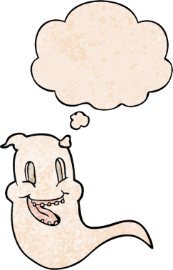 Bir insan tarafından çizilmiş grunge desenli düşünce baloncuğu olan karikatürümsü hayalet.