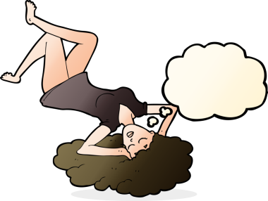 Bir insan tarafından çizilmiş düşünce baloncuğuyla yerde yatan çizgi film kadını.