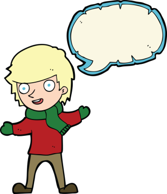 Bir insan tarafından çizilmiş konuşma baloncuğu olan kış kıyafetleri içindeki çizgi film çocuğu.