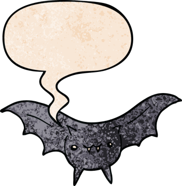 Konuşma baloncuğu olan karikatür yarasası insan tarafından çizilmiş.