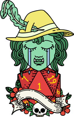 Retro Dövme Tarzı Ağlayan Ork Ozan Karakteri Bir insan tarafından çizilmiş doğal bir D20 rulo