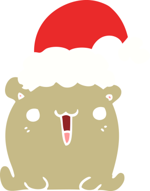 Sevimli düz renkli çizgi film ayısı. Bir insan tarafından çizilmiş Noel şapkası.