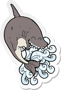 Bir insan tarafından çizilmiş karikatür köpekbalığı etiketi.