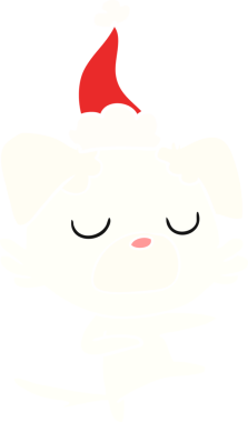 Bir insan tarafından çizilmiş Noel Baba şapkası takan bir köpeğin düz renkli çizimi.