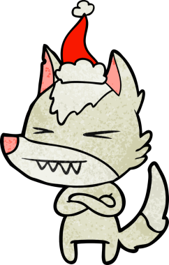 Kızgın kurt eli, bir insan tarafından çizilmiş Noel Baba şapkası giymiş bir karikatür çizmiş.