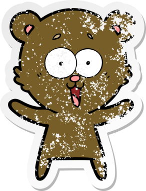 Bir insan tarafından çizilmiş gülen oyuncak ayının sıkıntılı çıkartması.