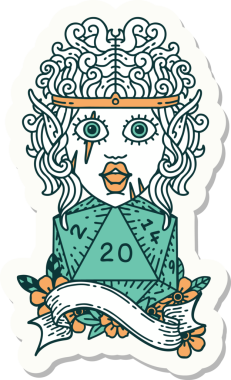 Bir insan tarafından çizilmiş 20 zarlı elf barbar karakterinin çıkartması.