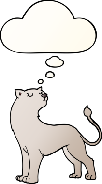 Bir insan tarafından çizilmiş yumuşak eğimli düşünce baloncuğu olan çizgi film dişi aslanı.