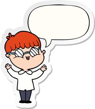 Bir insan tarafından çizilmiş konuşma balonu çıkartmalı gözlük takan çizgi film çocuğu.