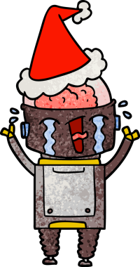 Bir insan tarafından çizilmiş Noel Baba şapkası giyen ağlayan bir robotun el çizimi karikatürü.